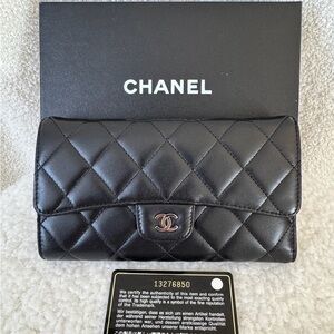 Chanel Black Quilted Lambskin Leather Trifold Wallet